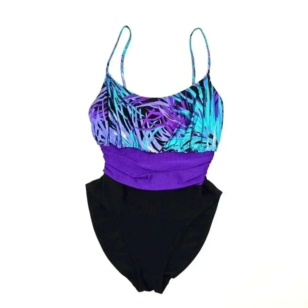 Cole of California Purple Black Floral Print One Piece Swimwear M‎ Medium 10
